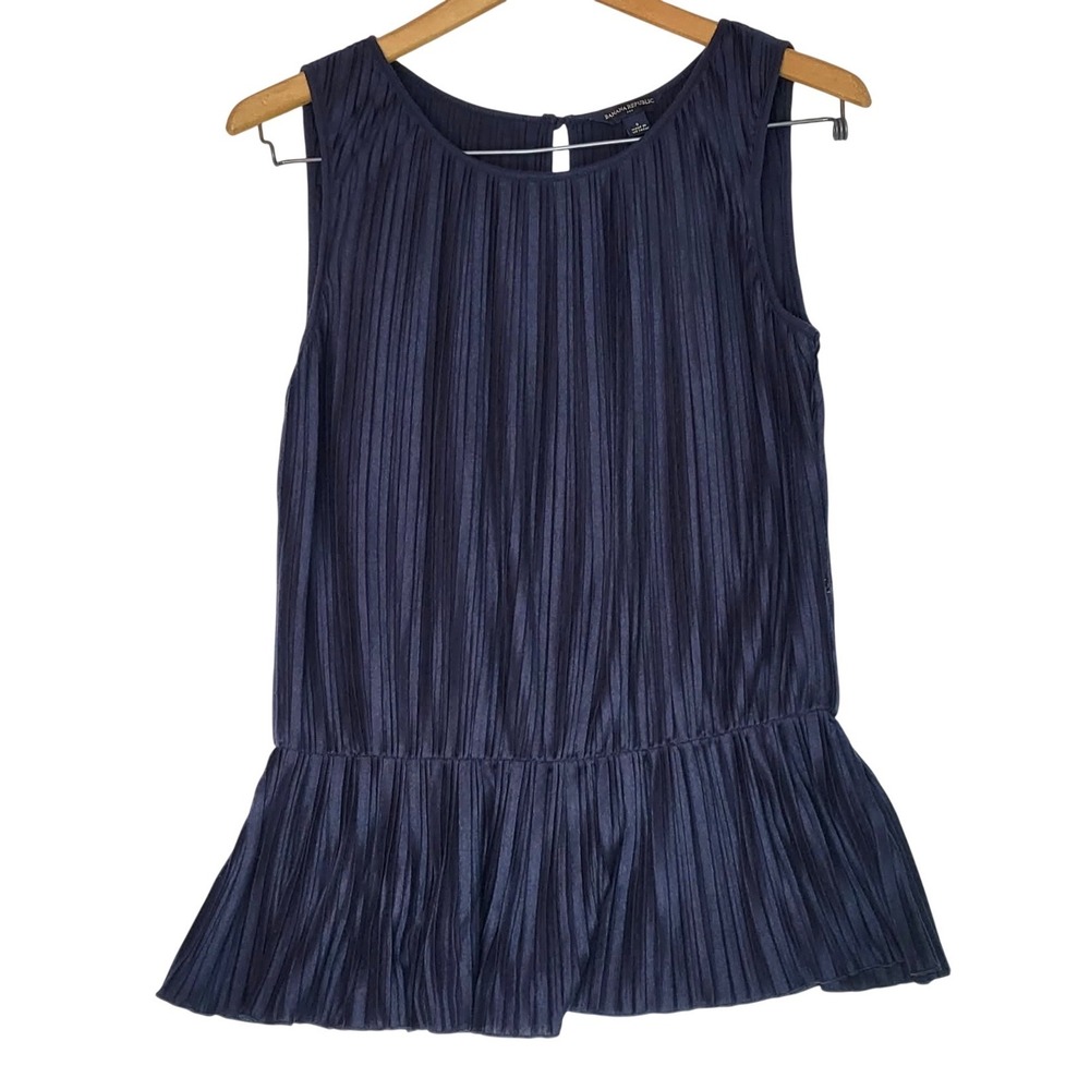 Y2K Banana Republic Navy Blue Pleated Peplum Sleeveless Blouse Top Small